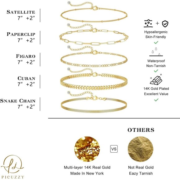 Golden Dainty Gold Bracelet Pack 14K Plated Paperclip Cuban Waterproof Paperclip - Picture 4 of 7